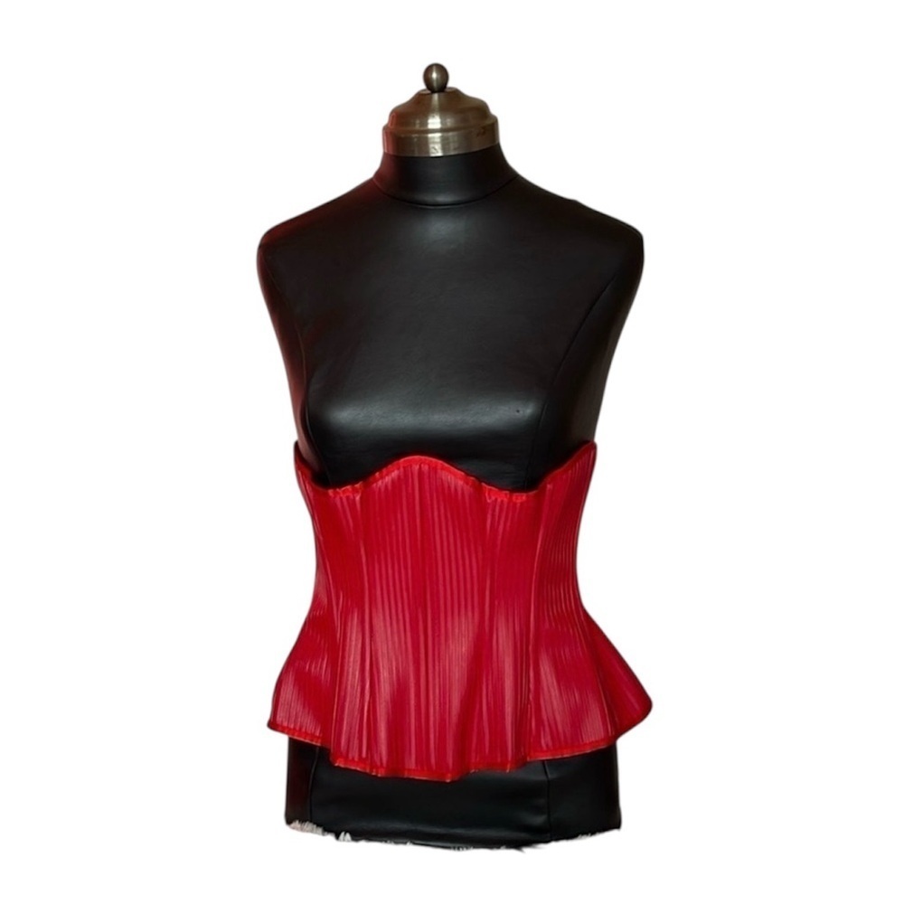 HANDCRAFTED one off below the bust corset NWOT red exterior inside denim